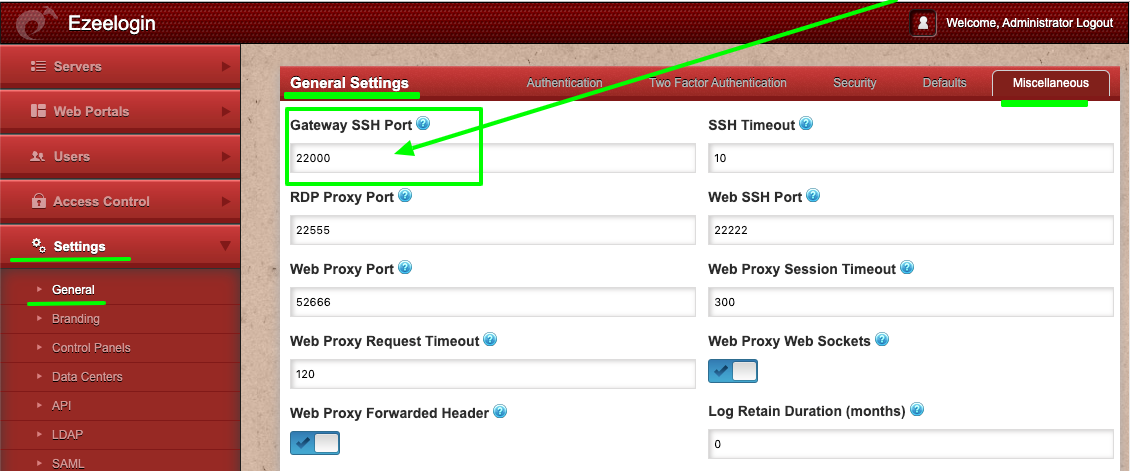 gateway ssh port