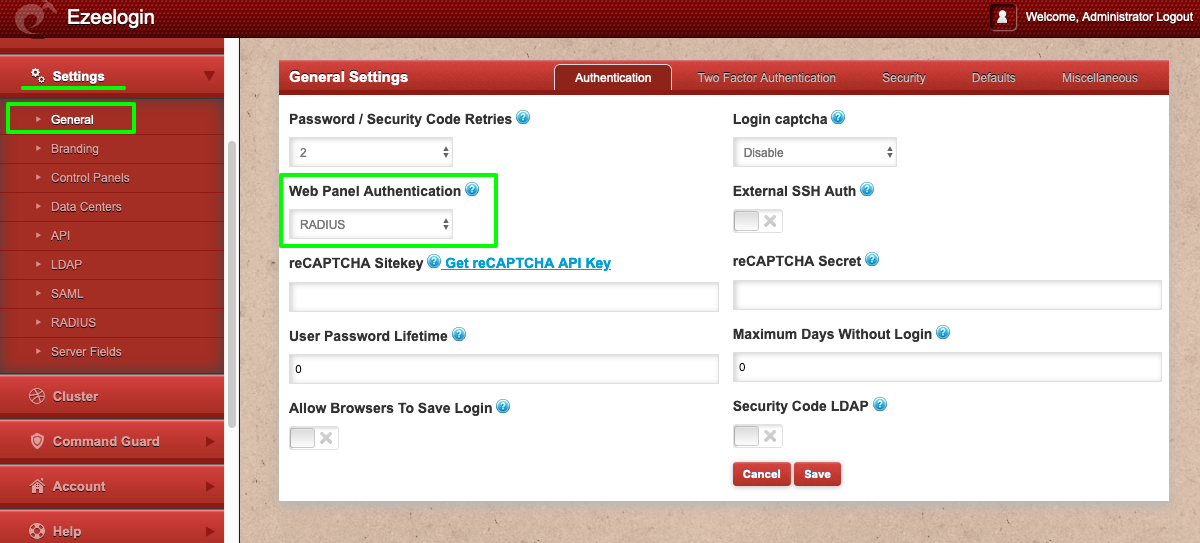 radius webpanel authentication