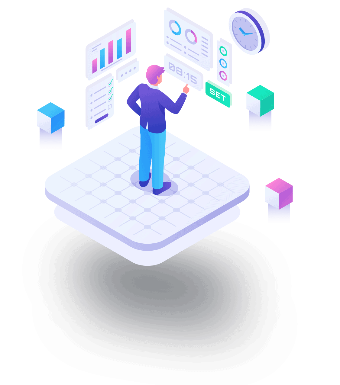 Illustration of remote access management with digital dashboards and clock.